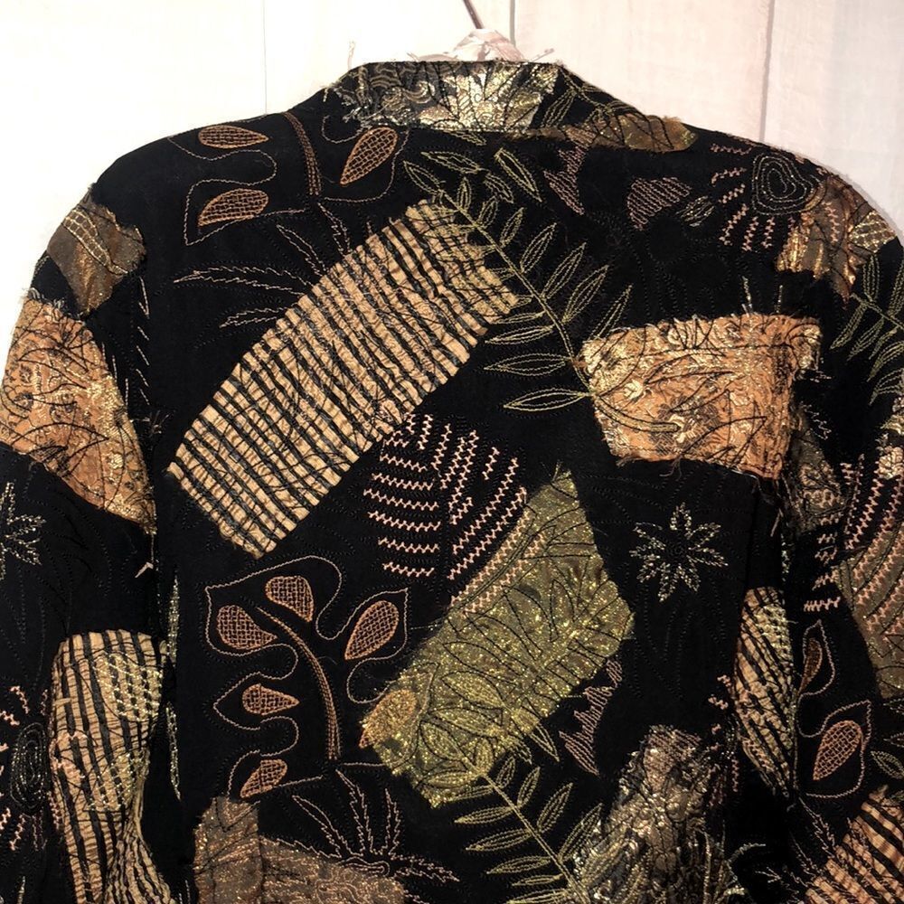Chico’s L Black Green Gold Patchwork Embroidered Light Full Zip Jacket - Picture 4 of 15